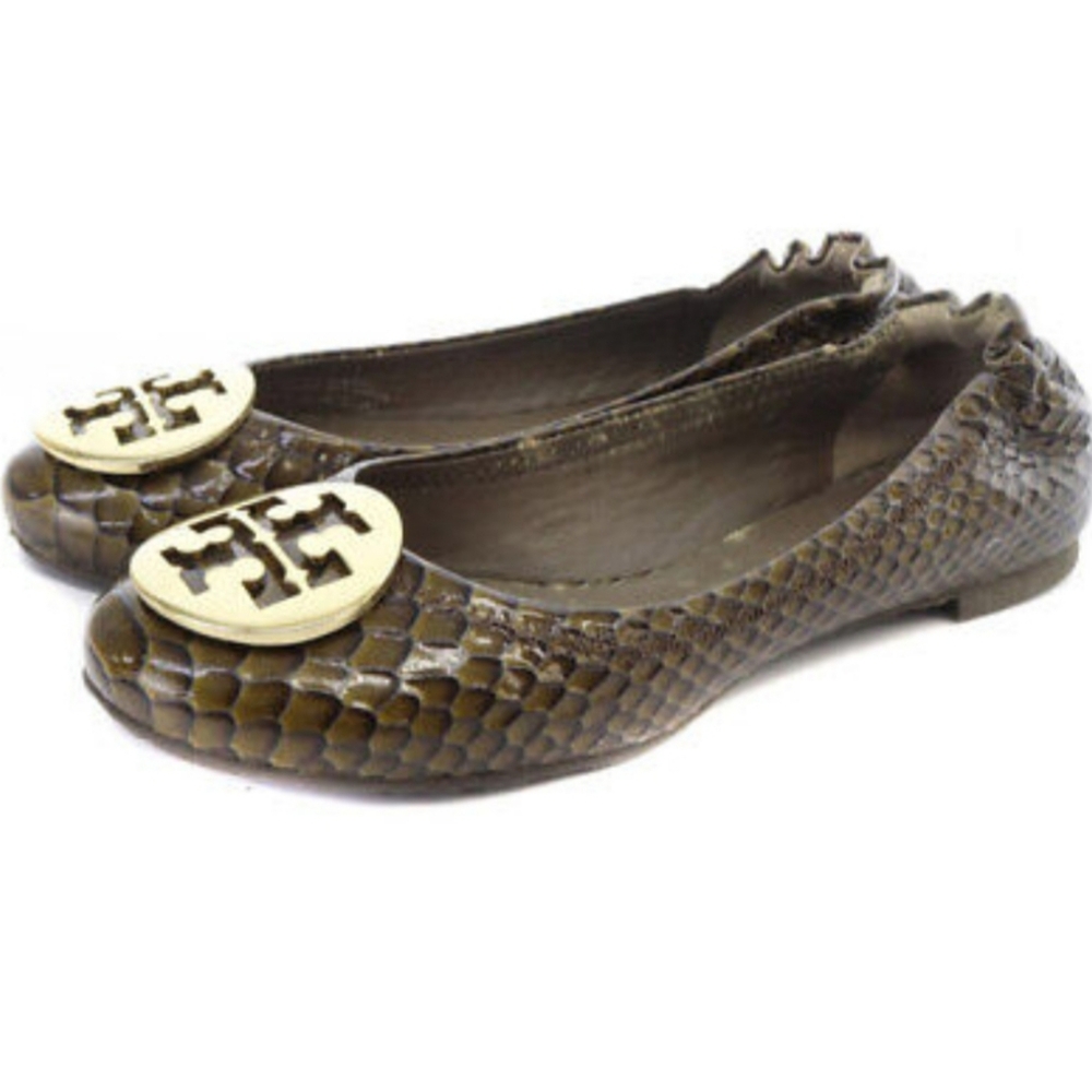 Tory Burch Dark Green Reva Leather Ballet Flats Snakeskin Women's. Size: 8. - Picture 3 of 11